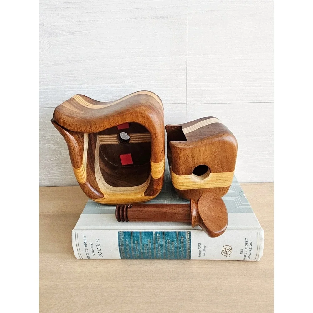 Vintage 3-Piece Bandsaw Handmade Multi-Wood Jewelry Trinket Box With Screw
